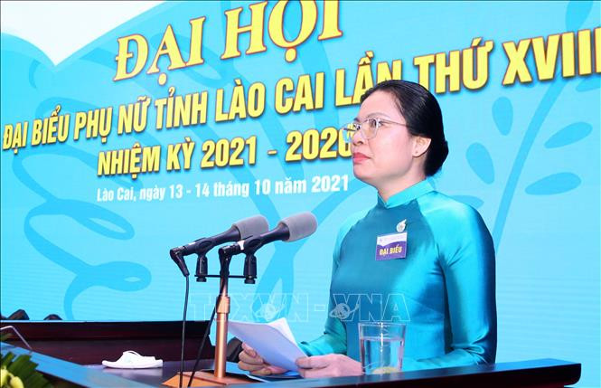 Bà Hà Thị Nga Ủy viên Trung ương Đảng, Chủ tịch Hội Liên hiệp Phụ nữ Việt Nam phát biểu chỉ đạo đại hội. Ảnh: Quốc Khánh - TTXVN Phụ nữ Lào Cai góp sức đưa địa phương trở thành tỉnh phát triển của vùng Trung du, miền núi phía Bắc ảnh 5