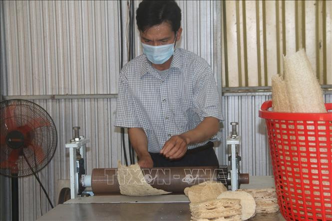 Anh Phạm Văn Đoàn ép xơ mướp khô để làm đồ gia dụng. Ảnh: Hoàng Nhị -TTXVN Anh Phạm Văn Đoàn người tạo thương hiệu riêng từ sản phẩm đồ gia dụng bằng xơ mướp ảnh 3
