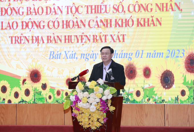 Chủ tịch Quốc hội Vương Đình Huệ phát biểu. Ảnh: Doãn Tấn - TTXVN Chủ tịch Quốc hội Vương Đình Huệ thăm, chúc Tết tại huyện biên giới Bát Xát ảnh 1