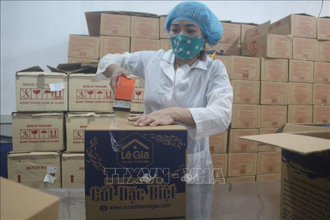Các sản phẩm từ mắm và nước mắm Lê Gia đang có mặt ở hầu hết các chuỗi siêu thị lớn ở Việt Nam. Ảnh: Khiếu Tư -TTXVN Đưa hương vị mắm xứ Thanh chinh phục thị trường quốc tế ảnh 4