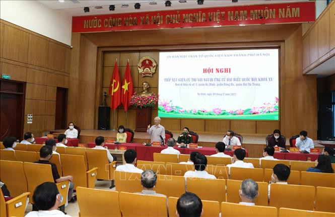 Tổng Bí thư Nguyễn Phú Trọng, Bí thư Quân uỷ Trung ương phát biểu tại buổi tiếp xúc cử tri. Ảnh: Trí Dũng - TTXVN Tổng Bí thư Nguyễn Phú Trọng tiếp xúc cử tri, vận động bầu cử tại Hà Nội ảnh 1