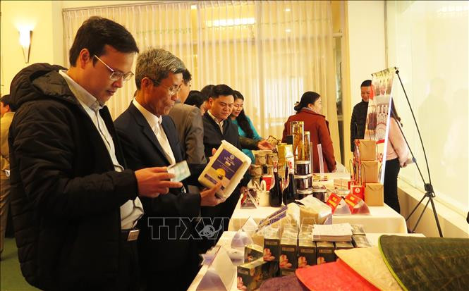 Thăm quan trưng bày các sản phẩm OCOP. Ảnh: Tường Vi - TTXVN Thừa Thiên - Huế trao chứng nhận cho 25 sản phẩm OCOP ảnh 2