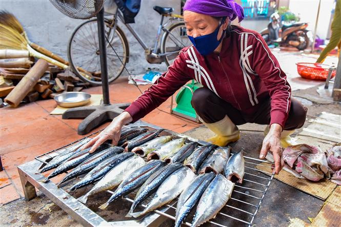 Cá sau khi được giã đông tự nhiên sẽ được xẻ thành lát, phơi ra ánh nắng cho ráo nước, sau đó được xếp lên các giàn và đưa lên lò nướng dưới than hoa. Ảnh: TTXVN Làng nghề nướng cá nơi cửa biển Ngư Lộc (Thanh Hóa) tất bật vào vụ Tết ảnh 1