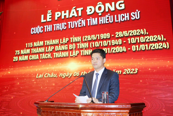 Phó Bí thư Thường trực Tỉnh ủy Lai Châu Lê Mạnh Hà phát biểu tại Lễ phát động. Ảnh: Việt Hoàng - TTXVN Phát động cuộc thi tìm hiểu lịch sử tỉnh Lai Châu ảnh 1