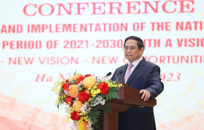Thủ tướng Phạm Minh Chính phát biểu tại Hội nghị công bố và triển khai Quy hoạch tổng thể quốc gia thời kỳ 2021-2030, tầm nhìn đến năm 2050. Ảnh: Dương Giang-TTXVN Thủ tướng Phạm Minh Chính: Thực hiện tốt Quy hoạch tổng thể quốc gia, xây dựng đất nước hùng cường, thịnh vượng ảnh 3
