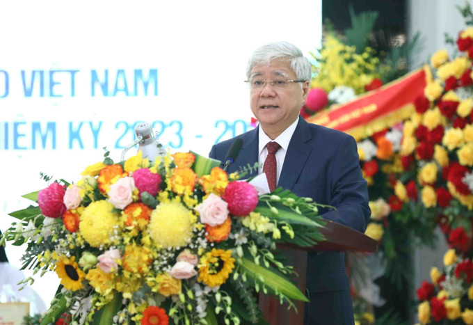 Chủ tịch Ủy ban Trung ương Mặt trận Tổ quốc Việt Nam Đỗ Văn Chiến phát biểu. Ảnh: TTXVN Khai mạc Đại hội đại biểu toàn quốc Người Công giáo Việt Nam xây dựng và bảo vệ Tổ quốc lần thứ VIII ảnh 1