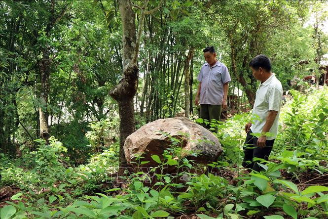 Một tảng đá lớn đã lăn từ trên núi xuống khu dân cư thuộc bản Na Pản, xã Chiềng Đông, huyện Yên Châu vào năm 2020. Ảnh: Hữu Quyết - TTXVN Sơn La sớm di chuyển các hộ dân khỏi vùng nguy cơ sạt lở ảnh 5