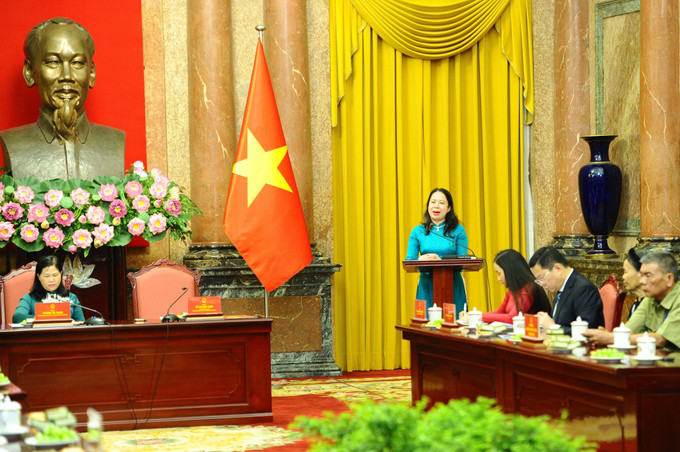 Phó Chủ tịch nước Võ Thị Ánh Xuân phát biểu tại buổi gặp mặt. Ảnh: Minh Đức – TTXVN Phó Chủ tịch nước gặp mặt Đoàn đại biểu người có công tiêu biểu tỉnh Bắc Kạn ảnh 1