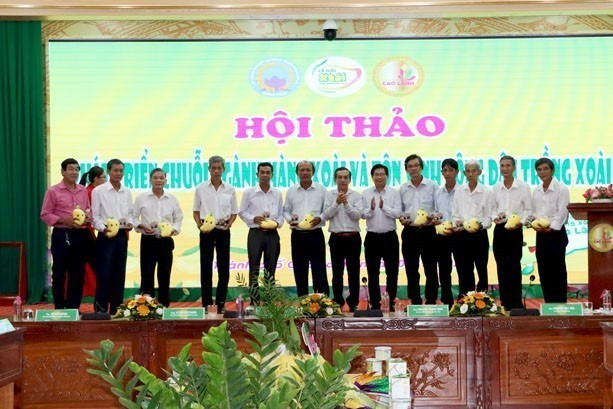 Tôn vinh nông dân trồng xoài ở huyện Cao Lãnh (Đồng Tháp) tại hội thảo. Ảnh : Nguyễn Văn Trí-TTXVN Đồng Tháp định hướng phát triển chuỗi ngành hàng xoài ảnh 1