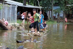 Cuộc sống người dân bản Giáng bị đảo lộn vì ngập úng kéo dài