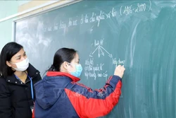 Cô giáo Lê Thị Thanh Quỳnh, Trung tâm giáo dục thường xuyên 1 tỉnh Lạng Sơn ôn tập môn Sử cho học sinh lớp 12C. Ảnh: Anh Tuấn - TTXVN