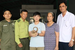 Cháu Mã Đoàn Nhật Thiên bàn giao cá thể Tê Tê cho hạt kiểm lâm huyện Bù Đăng (Bình Phước). Ảnh: Đậu Tất Thành - TTXVN