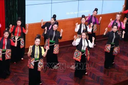 Biểu diễn các điệu Xòe Thái mừng sự kiện UNESCO ghi danh Xòe Thái vào danh sách di sản văn hóa phi vật thể đại diện của nhân loại tại Bộ Văn hóa, Thể thao và Du lịch. Ảnh: Thanh Tùng - TTXVN
