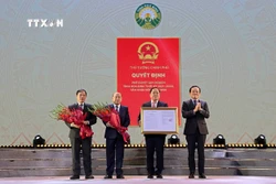 Phó Thủ tướng Trần Lưu Quang trao Quyết định Quy hoạch tỉnh Hòa Bình thời kỳ 2021-2030, tầm nhìn đến năm 2050 cho lãnh đạo tỉnh. Ảnh: Thanh Hải - TTXVN
