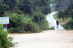 Nước trên các sông suối dâng cao làm đường vào làng Mô Pả, xã Đăk Hà, huyện Tu Mơ Rông bị chia cắt. Ảnh: Cao Nguyên-TTXVN
