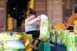 Người dân xã An Nhơn đóng gói sản phẩm gạo nếp quýt Đạ Tẻh chuẩn bị cho thị trường Tết Nguyên đán 2021. Ảnh: Nguyễn Dũng – TTXVN