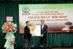 Lãnh đạo Cục Sở hữu trí tuệ (Bộ Khoa học và Công nghệ) trao Quyết định Chỉ dẫn địa lý "Đắk Nông" cho sản phẩm hồ tiêu của tỉnh Đắk Nông. Ảnh: Hưng Thịnh – TTXVN 