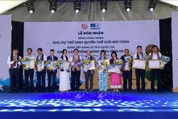 UBND tỉnh Ninh Thuận tặng Bằng khen cho các cá nhân thành tích xuất sắc trong quá trình xây dựng khu dự trữ sinh quyển thế giới Núi Chúa. Ảnh: Công Thử - TTXVN 