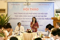 Thứ trưởng, Phó Chủ nhiệm Ủy ban Dân tộc Hoàng Thị Hạnh chủ trì, điều hành Hội thảo. Ảnh: baodantoc.vn