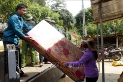 Lực lượng chức năng giúp các hộ dân trong khu vực bị sạt lở đất di dời tài sản. Ảnh: Quốc Khánh - TTXVN