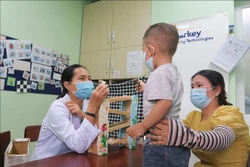Một phụ huynh tham gia vào quá trình can thiệp cho trẻ tự kỷ . Ảnh: Đinh Hằng – TTXVN.