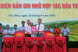 Đại diện UBND huyện Văn Bàn trao văn bản ký kết ghi nhớ về hợp tác đầu tư với Công ty cổ phần Tập đoàn THAIBINH SEED. Ảnh: Hương Thu - TTXVN 