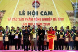 Lãnh đạo tỉnh Hà Tĩnh trao chứng nhận sản phẩm OCOP đạt chuẩn 3 sao. Ảnh: Công Tường-TTXVN