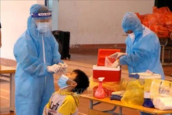 Nhân viên tế Phú Thọ tổ chức lấy mẫu xét nghiệm lần 3 cho học sinh Trường tiểu học Bạch Hạc. Ảnh: Trung Kiên – TTXVN 