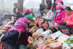 Chợ phiên Sin Suối Hồ bày bán sản phẩm nông nghiệp của đồng bào dân tộc Mông. Ảnh: Nguyễn Oanh-TTXVN