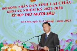 Tân Chủ tịch UBND tỉnh Lai Châu nhiệm kỳ 2021-2026 Lê Văn Lương phát biểu. Ảnh: Quý Trung – TTXVN