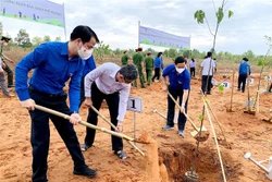 Các đại biểu tham gia trồng 1.000 cây sao đen dọc tuyến kênh thủy lợi tại Khu Lê Hồng Phong, xã Hồng Phong, huyện Bắc Bình. Ảnh: Nguyễn Thanh - TTXVN 