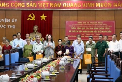 Phó Chủ tịch nước Võ Thị Ánh Xuân tặng quà gia đình chính sách huyện Đức Thọ. Ảnh: Công Tường - TTXVN