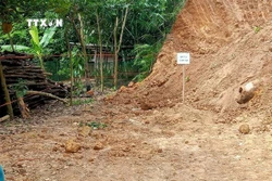 Quả bom được phát hiện nằm trong khu vực đất ở của người dân có trọng lượng 340kg. Ảnh: TTXVN phát