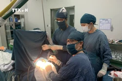 Các bác sĩ khoa Ngoại thần kinh – Bệnh viện Đa khoa tỉnh Ninh Thuận phẫu thuật cho bệnh nhân bị xuất huyết não. Ảnh: TTXVN phát