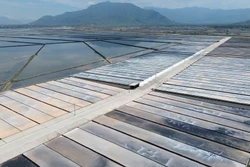 Mô hình ứng dụng công nghệ sản xuất muối trải bạt trên nền ô kết tinh tại cánh đồng muối Tri Hải (xã Tri Hải, huyện Ninh Hải, Ninh Thuận). Ảnh: Nguyễn Thành – TTXVN