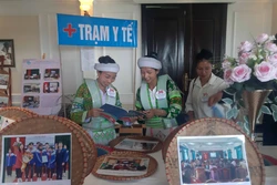 Các thành viên dự liên hoan tham gian trưng bày giới thiệu tài liệu về bình đẳng giới. Ảnh: Thu Hằng - TTXVN