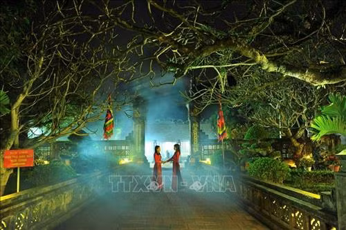 Vẻ đẹp đền thờ Vua Đinh Tiên Hoàng (Đinh Bộ Lĩnh) mang nét cổ kính trầm mặc vào buổi đêm. Ảnh: Minh Đức - TTXVN