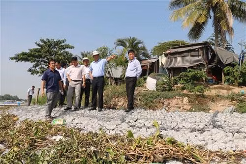 Phó Chủ tịch UBND tỉnh An Giang Trần Anh Thư (thứ 2 phải sang) và đoàn công tác của tỉnh An giang khảo sát tại công trình kè chống sạt lở xã Châu Phong, thị xã Tân Châu. Ảnh: Công Mạo-TTXVN