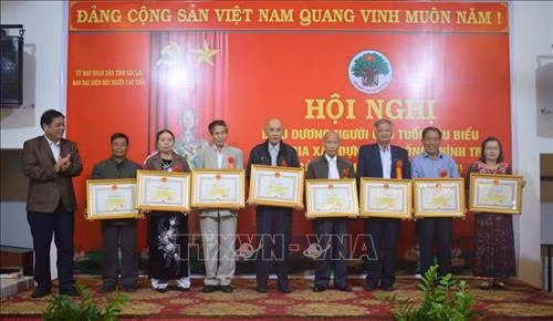 Người cao tuổi tiêu biểu nhận Bằng khen của Chủ tịch UBND tỉnh Gia Lai. Ảnh: Dư Toán – TTXVN.