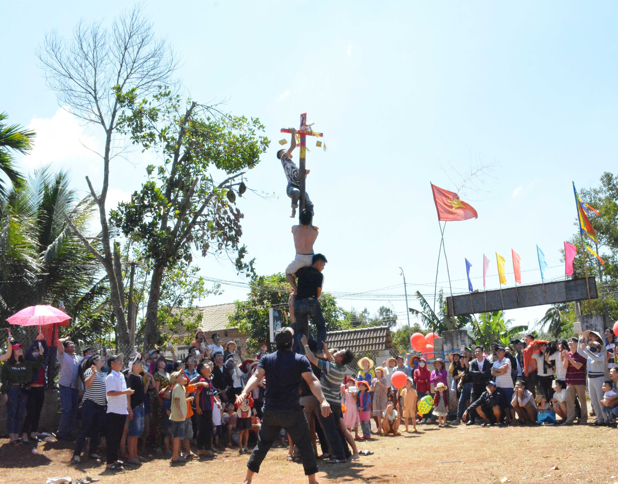 Thanh niên dân tộc Mường tham gia trò chơi leo cột mỡ. Ảnh: TTXVN 20 pscd.jpg