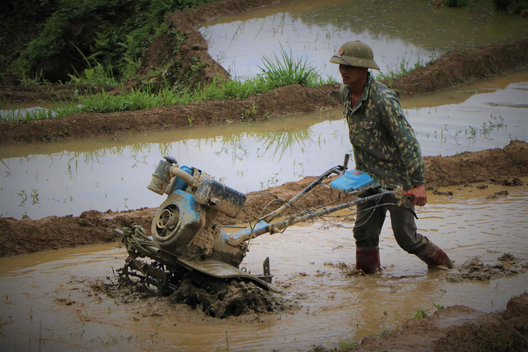 Nông dân làm đất cấy lúa khi nước đổ về ruộng bậc thang. Ảnh: Nguyễn Oanh-TTXVN LC7.jpg