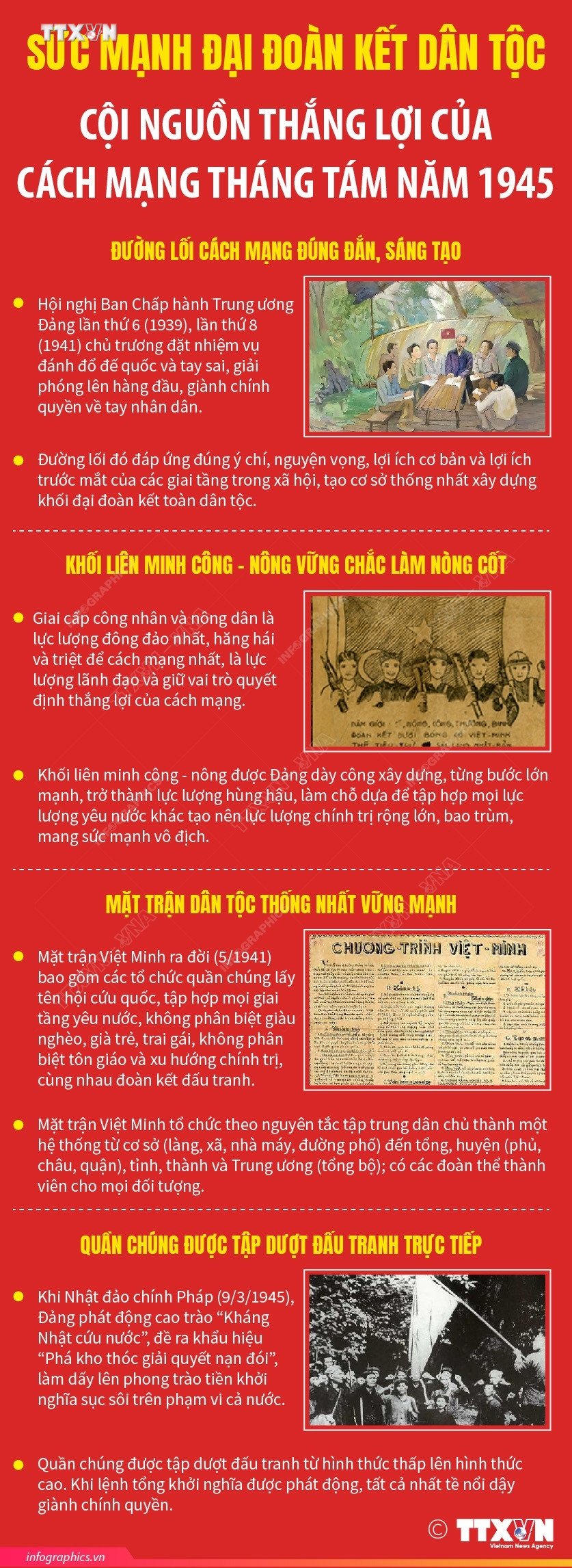Hà Nội (TTXVN 19/8) Chỉ trong khoảng hai tuần cuối tháng 8/1945, toàn thể dân tộc Việt Nam, dưới sự lãnh đạo của Đảng Cộng sản Đông Dương, Mặt trận Việt Minh và lãnh tụ Hồ Chí Minh đã nhất tề nổi dạy giành chính quyền, để tự mình quyết định vận mệnh của dân tộc. Thắng lợi của Cách mạng tháng Tám năm 1945 là biểu tượng sức mạnh đại đoàn kết toàn dân tộc. Sức mạnh ấy không phải ngẫu nhiên, mà là kết quả hợp thành của nhiều nhân tố. vna_potal_suc_manh_dai_doan_ket_dan_toc_coi_nguon_thang_loi_cua_cach_mang_thang_tam_nam_1945_7544504.jpeg
