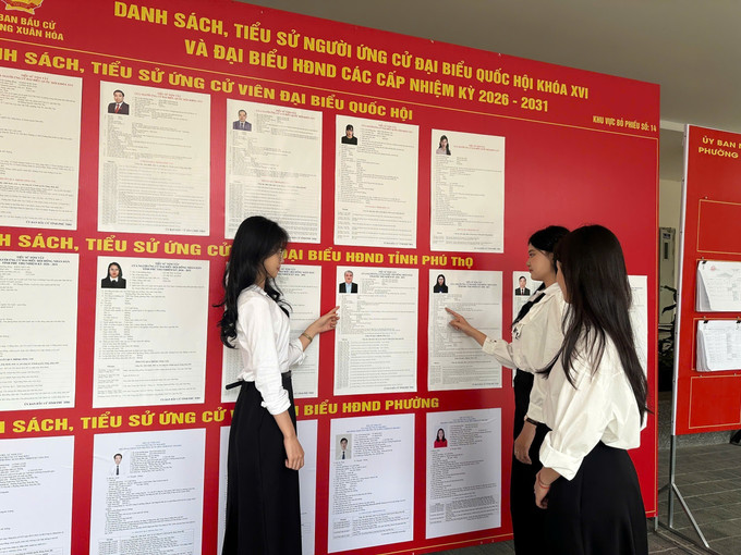 Cử tri trẻ Trường Đại học Sư phạm Hà Nội 2 tìm hiểu thông tin về các ứng cử viên. Ảnh: Nguyễn Thảo/TTXVN