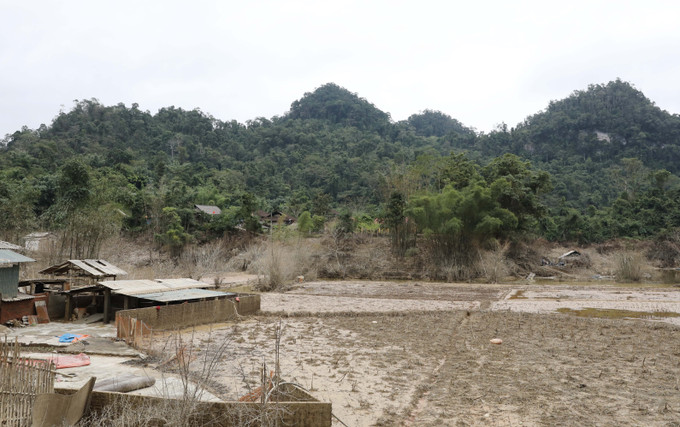 40 ngày sau cơn bão số 11, nhiều ngôi nhà và ruộng vườn của bà con thôn Kim Vân (xã Văn Lang, tỉnh Thái Nguyên) vẫn ngập trong bùn đất.