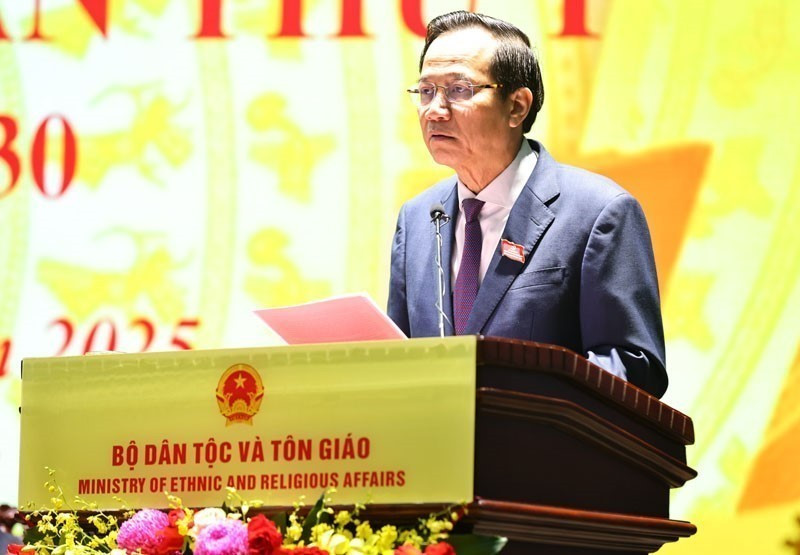 Bí thư Đảng ủy, Bộ trưởng Bộ Dân tộc và Tôn giáo Đào Ngọc Dung phát biểu tại Đại hội. Ảnh: Minh Đức/TTXVN daongocdung.jpg