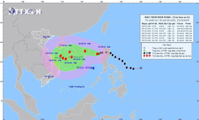 Hướng di chuyển của bão số 6, sáng 25/10. Ảnh: TTXVN vna_potal_tin_bao_tren_bien_dong_con_bao_so_6_sang_2510_7669488.jpg