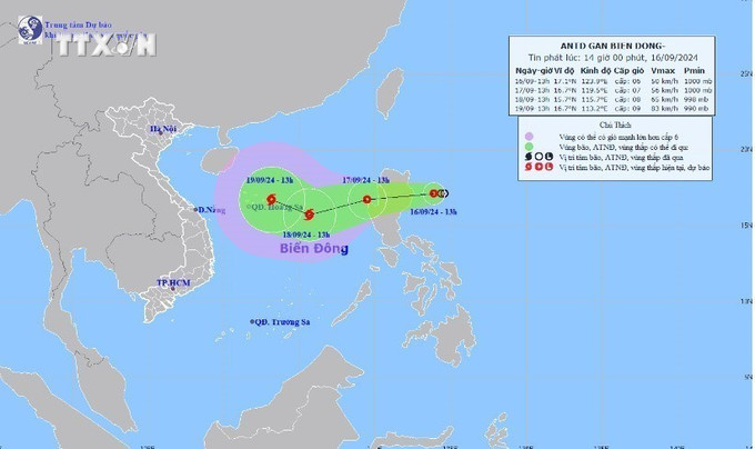 Hướng di chuyển của áp thấp nhiệt đới. Ảnh: TTXVN phát vna_potal_tin_ap_thap_nhiet_doi_gan_bien_dong_7598441.jpg