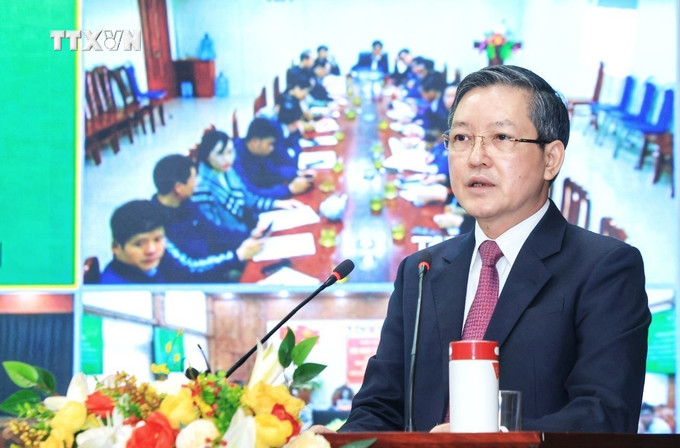 Chủ tịch Hội Nông dân Việt Nam Lương Quốc Đoàn phát biểu. Ảnh: Tuấn Anh - TTXVN vna_potal_trung_uong_hoi_nong_dan_viet_nam_hoc_tap_quan_triet_trien_khai_thuc_hien_nghi_quyet_so_46-nqtw_7283273.jpeg