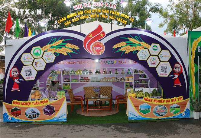 Hội chợ diễn ra đến ngày 15/11/2024, với quy mô trên 350 gian hàng, trong đó có 250 gian hàng thương mại tổng hợp của các doanh nghiệp, cơ sở sản xuất kinh doanh trong và ngoài tỉnh. Ảnh: Tuấn Phi - TTXVN vna_potal_soc_trang_hoi_cho_xuc_tien_thuong_mai_san_pham_ocop_va_dac_san_vung_mien_nam_2024_7695834.jpg