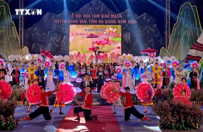 Một tiết mục đặc sắc trong lễ khai mạc Lễ hội hoa Tam giác mạch lần thứ 10. Ảnh: Đức Thọ - TTXVN vna_potal_ha_giang_khai_mac_le_hoi_hoa_tam_giac_mach_lan_thu_10_7695943.jpg